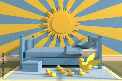 Children bedroom interior with blue bed and yellow sun wall decor surrounded by rubber duck toys