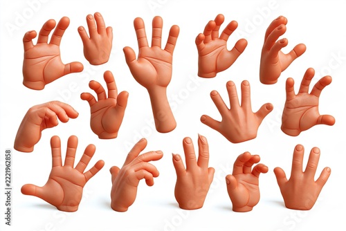 Collection of various orange textured toy hands showing different gestures on white background