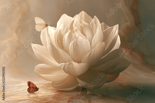 Delicate white lotus flower blooming with small butterflies resting nearby in soft warm light