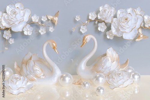 Decorative white ceramic swans with golden accents surrounded by flowers and pearls