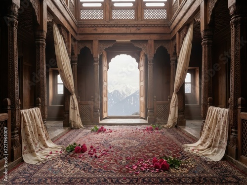 Traditional wooden haveli interior with rose petals and mountain view

