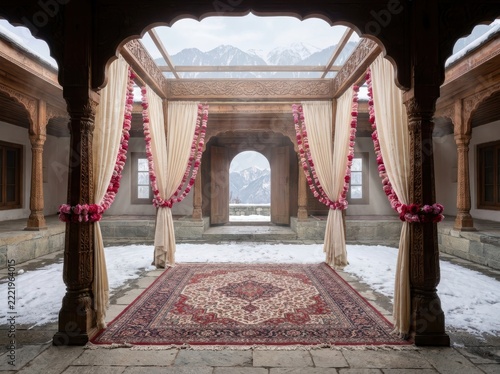 Traditional Kashmiri wedding stage with snow mountain view and floral decor
