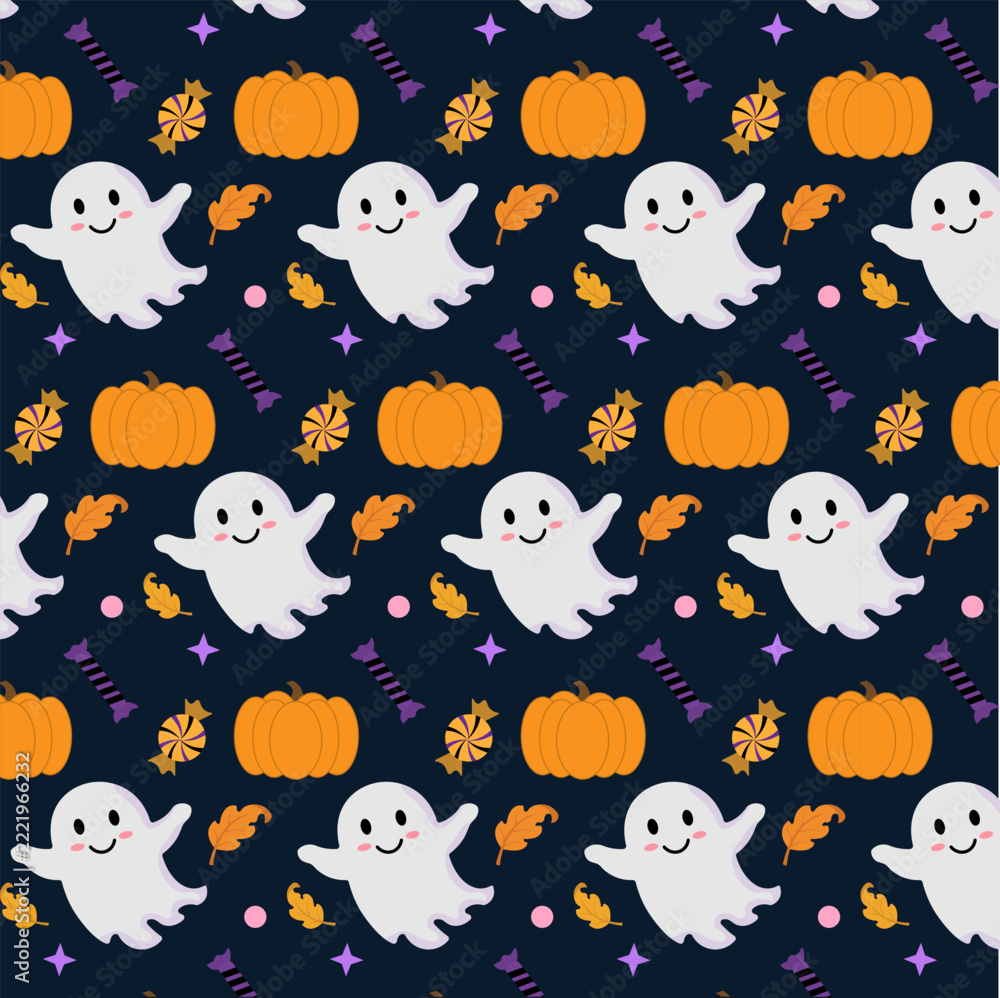 Fototapeta premium Cute Halloween seamless pattern with friendly ghosts, pumpkins, candies, and autumn leaves on a dark background