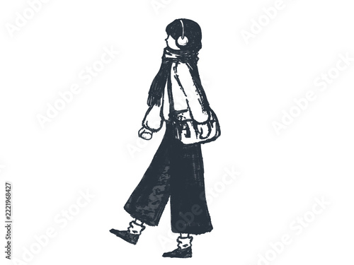 冬の装いで歩く若い女性のイラスト