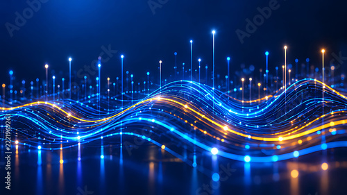 Abstract glowing blue and orange fiber optic digital wave light stream for big data technology network background