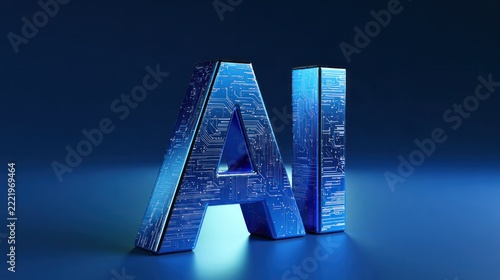 Artificial Intelligence 3D Render: The letters AI stand out in a metallic, blue, 3D render with intricate circuitry patterns, illuminated by a futuristic glow against a dark, sophisticated background.