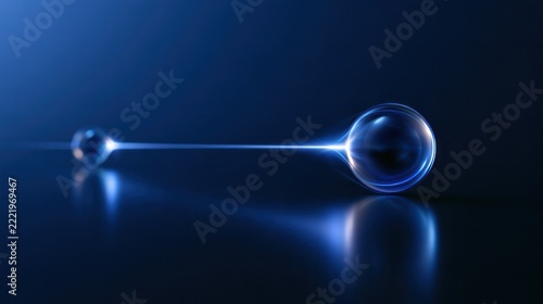 Abstract Atomic Bond: Two glowing orbs, representing atoms, are connected by a luminous beam on a reflective surface, symbolizing a scientific connection.