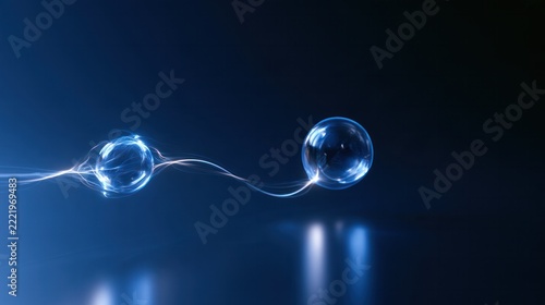 Energy Orb Connection: Two luminous blue orbs pulsate with energy, connected by a dynamic electric current against a dark, reflective background, symbolizing power and transmission.