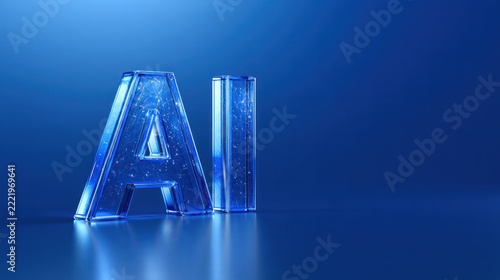 AI Symbol of Innovation: A 3D rendering of the letters AI made of translucent blue ice with a subtle sparkling texture, set against a gradient blue background.