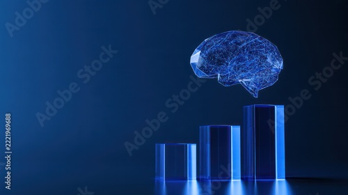 AI Growth Chart: A futuristic, glowing neural network brain symbolizing artificial intelligence ascends atop a series of escalating blue bar graph pillars.