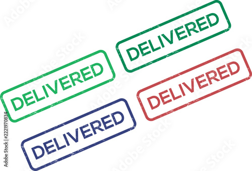 Four diagonal rubber stamps stamped with the word delivered in varied shades