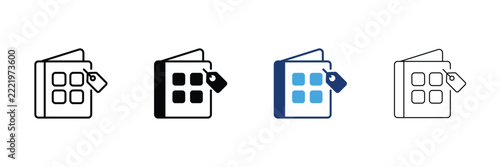Product catalog icon set. Brochure booklet with item grid and price tag Icons. Outline, Glyph, two-tone and editable stroke vector illustration.