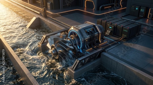 Modern hydroelectric tidal turbine generator unit with rotating metal blades in flowing water canal, integrated with battery energy storage systems and industrial infrastructure.