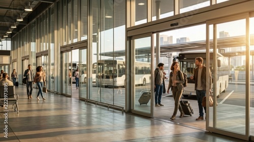 Diverse passengers with rolling suitcases walking through automatic sliding glass doors at a modern bus terminal or airport station entrance during golden hour with parked buses outside.
