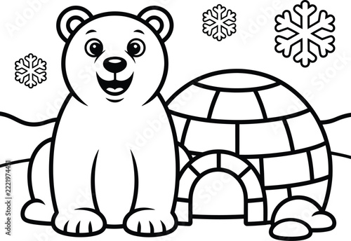 Polar bear cub next to snow igloo and snowflakes coloring page vector illustration for children creative activity sheets.