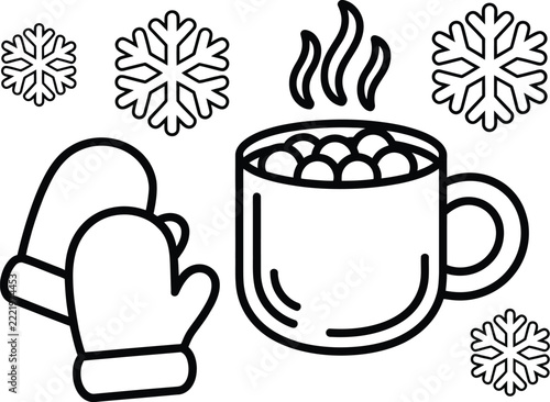 Winter hot chocolate mug with cozy marshmallows and mittens coloring page outline vector graphic for children worksheet activity.