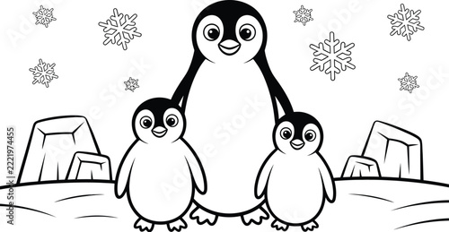 Penguin family with ice formations in snowy terrain with snowflakes, heartwarming winter scene for kids.