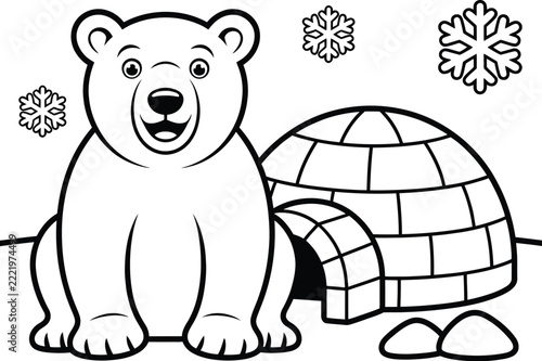 Cute polar bear standing near traditional snow igloo coloring page vector illustration for kids winter holiday activities.