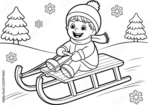 Happy child riding sled on snowy hill with pine trees and snowflakes winter season graphic design for kids coloring activity.