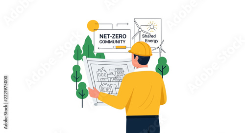 Engineer Planning Sustainable Net-Zero Community with Wind Turbines and Shared Energy Systems, Architect Designing Carbon Neutral Housing Concept Vector Illustration