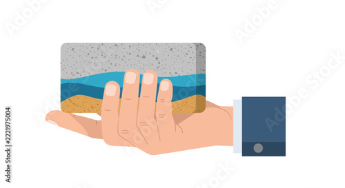 Businessman Hand Holding Soil and Water Layers Cross-Section, Geology and Environmental Concept Vector Illustration