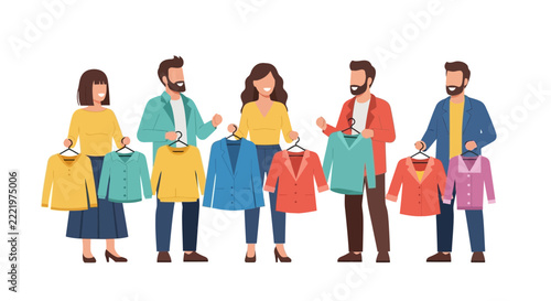 Group of Diverse People Choosing Clothes from Hangers, Flat Vector Illustration for Fashion Retail, Second-hand Shopping, and Wardrobe Styling Concept