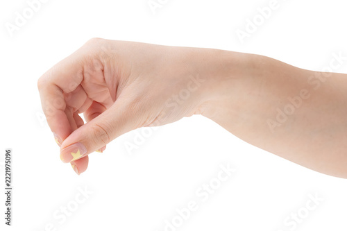 Female hand hold virtual business card, credit card or blank paper isolated on white background with a clipping path.
