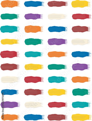 Colorful paint brush strokes set, vibrant acrylic paint swatches vector, artistic painterly texture marks for graphic design