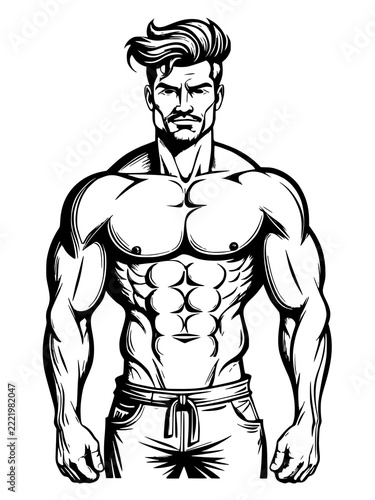 muscular man with muscles and tattoo. illustration. black and white isolated on white background.