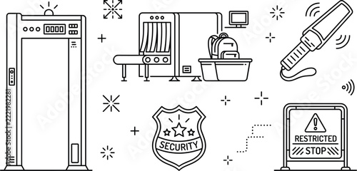 Airport security checkpoint line icon vector set featuring metal detector xray scanner badge handheld wand and warning sign