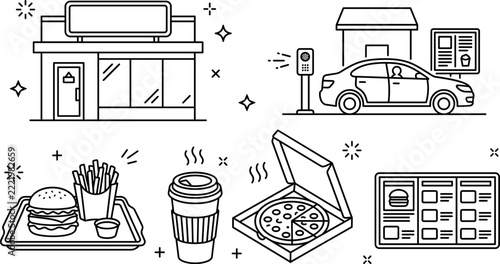 Fast food restaurant facade and drive thru lane line icon vector set featuring burger pizza cup menu elements