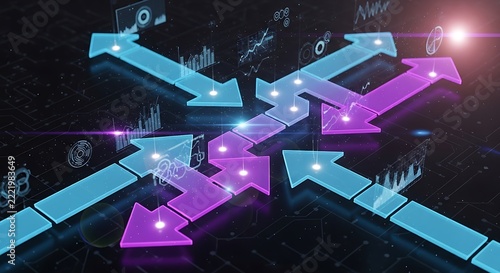 Digital arrows pointing in different directions on abstract dark background