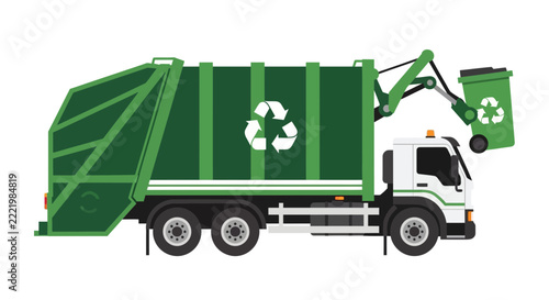Green Recycling Truck with Mechanical Arm Lifting Waste Bin Vector Illustration Isolated on White Background