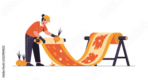 Industrial worker processing onion-themed fabric or paper on a production line, flat vector illustration of agricultural textile manufacturing