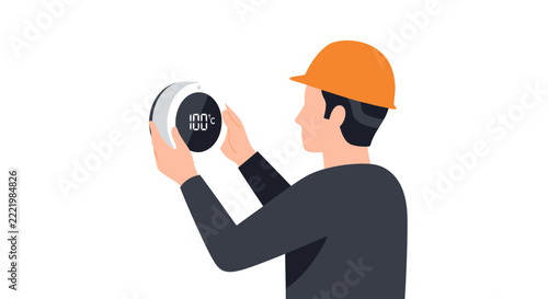 HVAC Specialist Adjusting Smart Home Temperature Sensor Digital Gauge with 100 Degrees Celsius Display Flat Vector Illustration of Maintenance Worker in Hard Hat