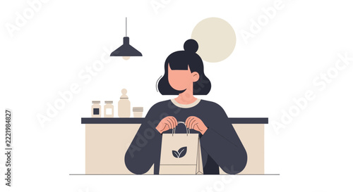 Minimalist Flat Illustration of Woman with Sustainable Paper Shopping Bag in Eco-Friendly Store Concept