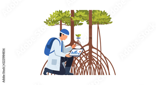 Environmental Scientist Researching Mangrove Forest Restoration and Ecosystem Health Vector Illustration