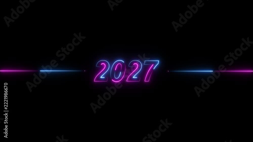 2027 new year neon sign animation with glowing blue and pink light effects on black background