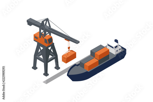 a simple harbor port crane icon vector lifting a shipping container beside a small cargo vessel, isometric proportion, solid blue, orange, and dark gray colors, clean industrial geometry, minimal deta