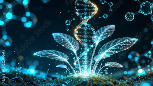 Glowing Digital DNA Strand Intertwined with Plant Leaves