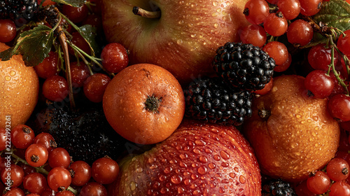 Bountiful autumn fruit arrangement with apples berries and blackberries
