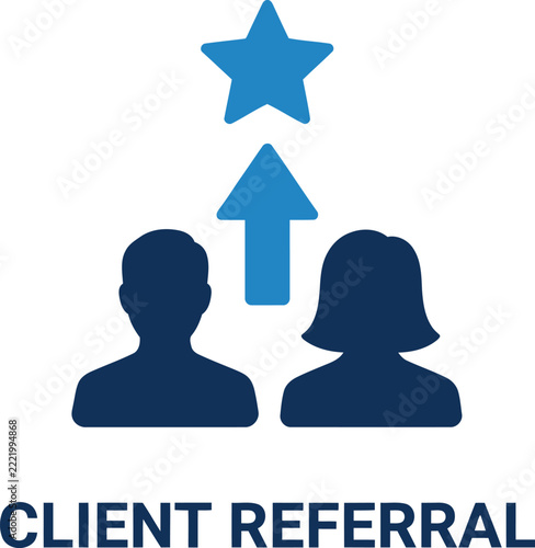 Client referral marketing icon with blue arrow pointing to star over human silhouettes.