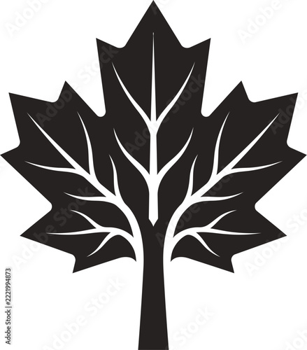 Black maple leaf icon with artistic vein patterns for nature and eco friendly design projects.