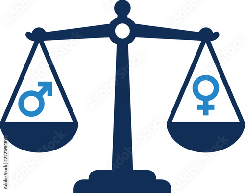 Gender equality justice scale balancing male and female symbols in blue and navy tones.