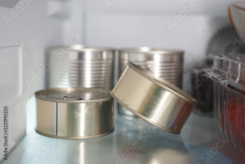 Cans stored in a refrigerator with various other items in the background