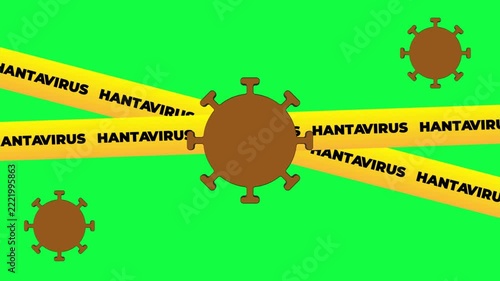 Hantavirus Warning Animation, Yellow Caution Tape with Floating Virus Particles, Outbreak Alert Motion Graphic on Green Screen Background