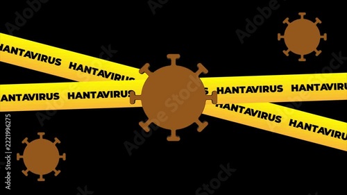 Hantavirus Warning Animation, Yellow Caution Tape with Floating Virus Particles, Outbreak Alert Motion Graphic on Black Background