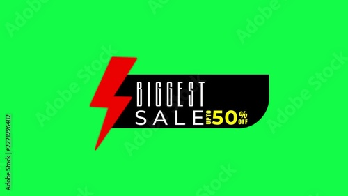 Biggest Sale Up to 50 Percent Off Animated Badge, Red Lightning Bolt Flash Sale Banner, Discount Promotion Motion Graphic on Green Screen Background