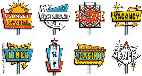 Retro neon sign vector collection featuring vintage roadside motel diner restaurant cafe and casino glowing light emblems