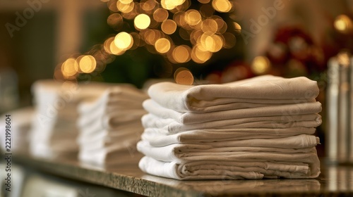 Neatly folded stack of white cloth towels placed on a smooth surface with warm bokeh light background creating cozy and clean atmosphere